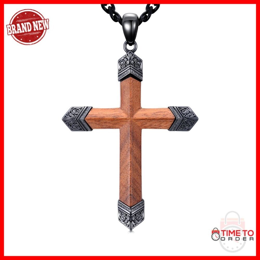 Sterling Silver Wood Cross Pendant Necklace for Men